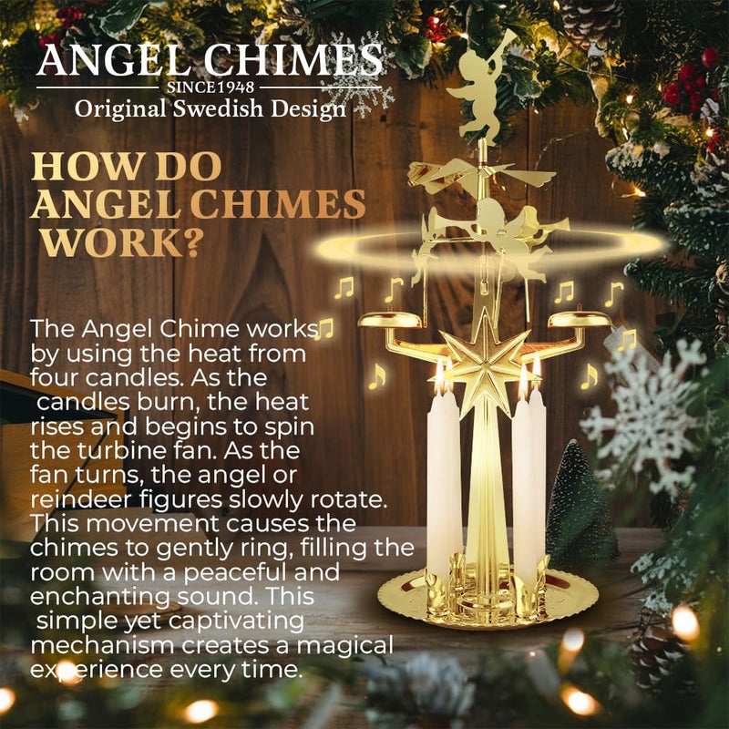 Angel Chimes Original Swedish Angel Chimes, Carousel and 4 Candles â€“ Scandinavian Spinning Festive Chimes for Christmas, Best Memorial Gift Since 1948, Home Decorations - Gold Brass - Image 4